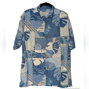 Tommy Bahama Blue White Abstract Tropical Hawaiian 100% Silk XL Shirt
